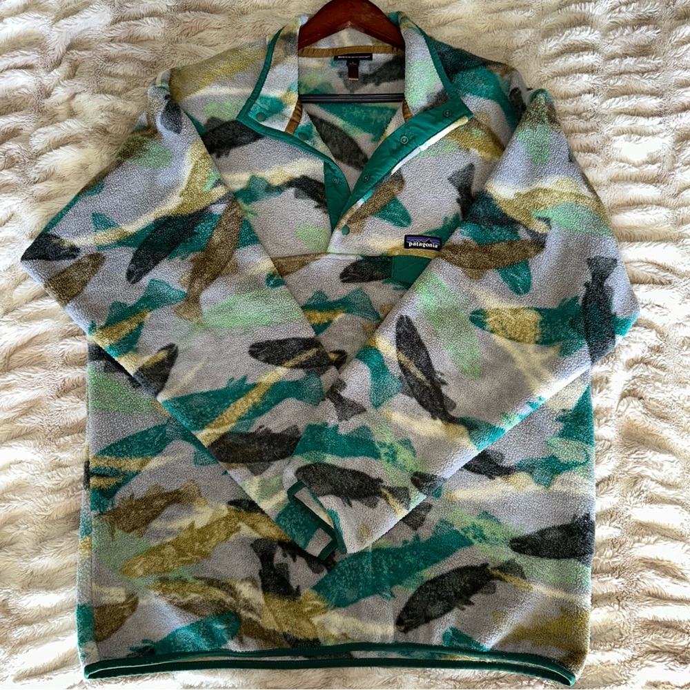 Patagonia Synchilla Snap-T Pullover Men's Size L Trout Tails Legend Green Fish - Picture 5 of 10